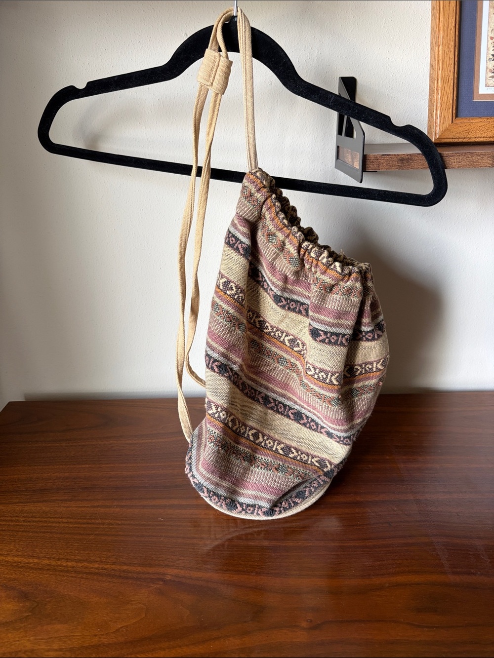 Boho Stripe Drawstring Shoulder Bag in Neutral Pink-Tan